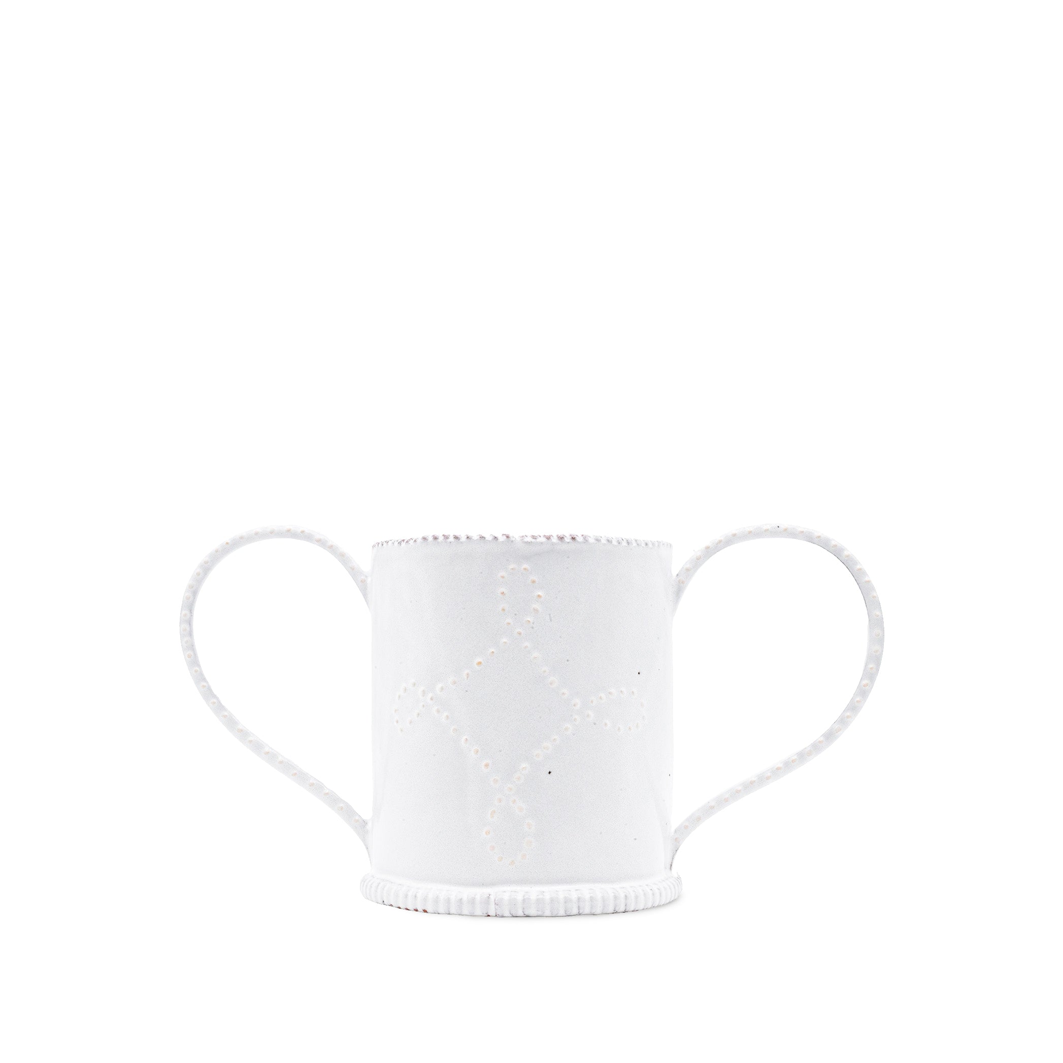 White ceramic vase with decorative rim on a white background