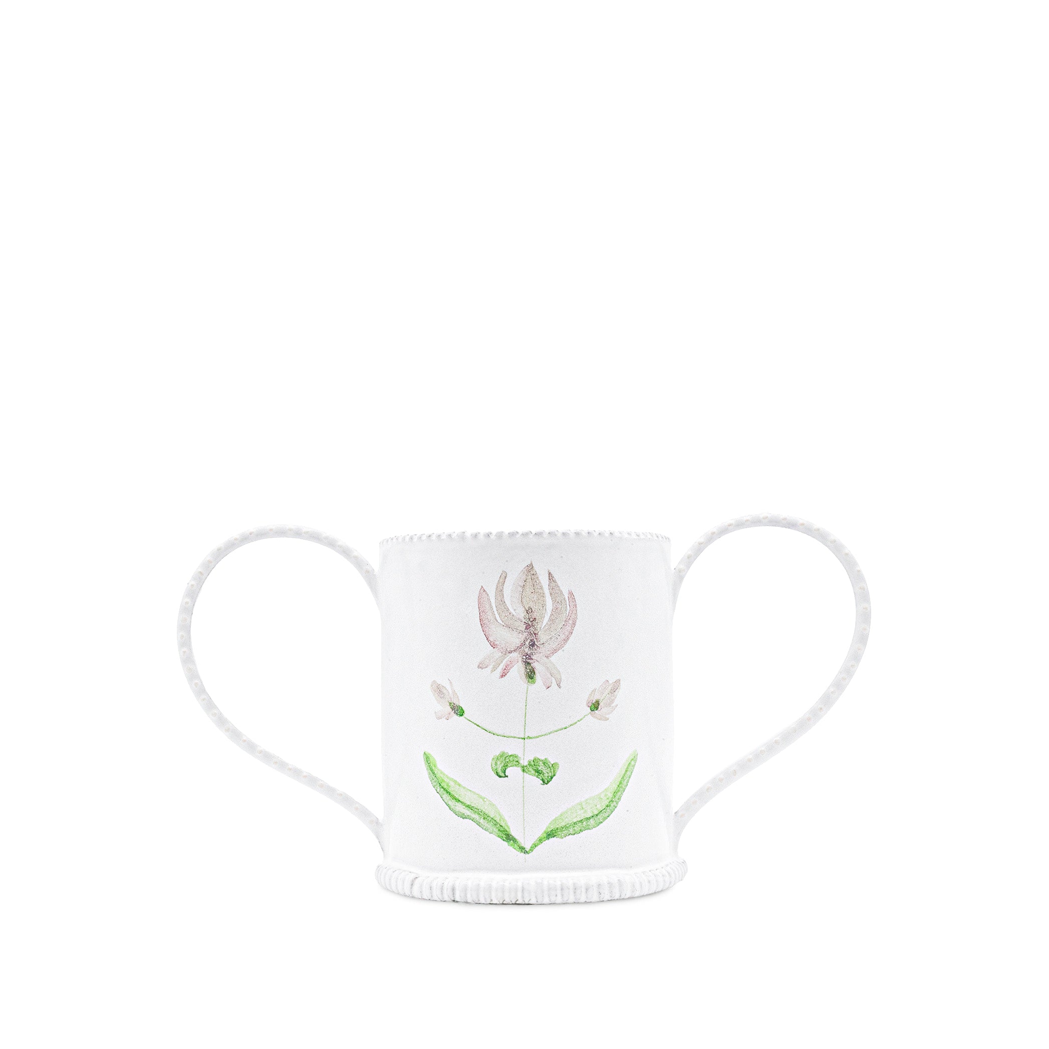 White ceramic vase with floral design on a white background