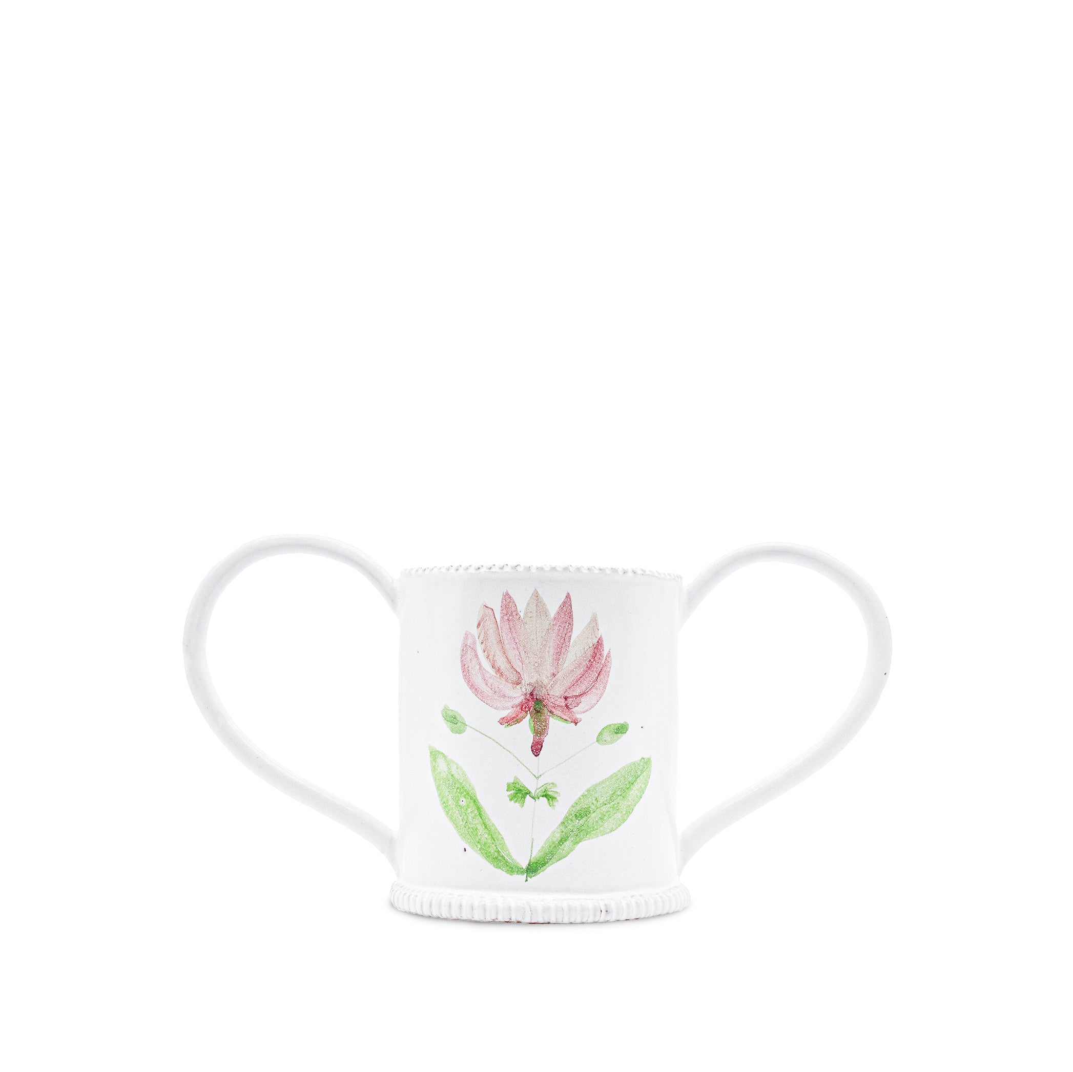White ceramic vase with pink floral design on a white background