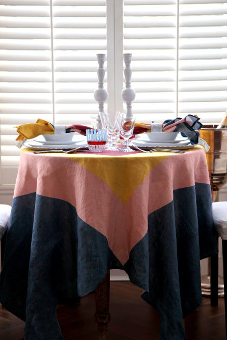 'Table for Two' Square Linen Heart Tablecloth in Blue, Pink, Yellow & Red, 165cm x 165cm