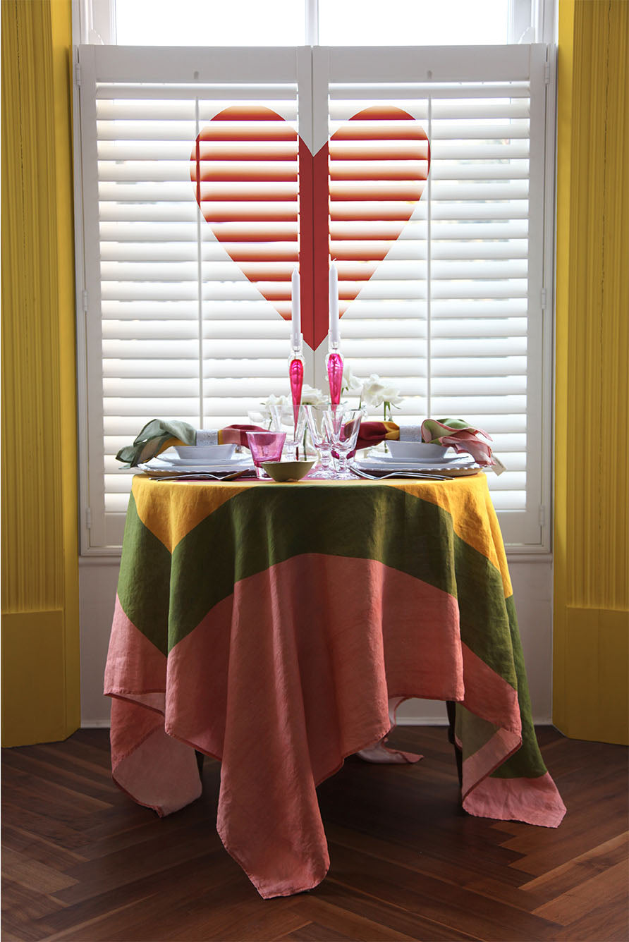 'Table for Two' Square Linen Heart Tablecloth in Pink, Green, Yellow & Red, 165cm x 165cm