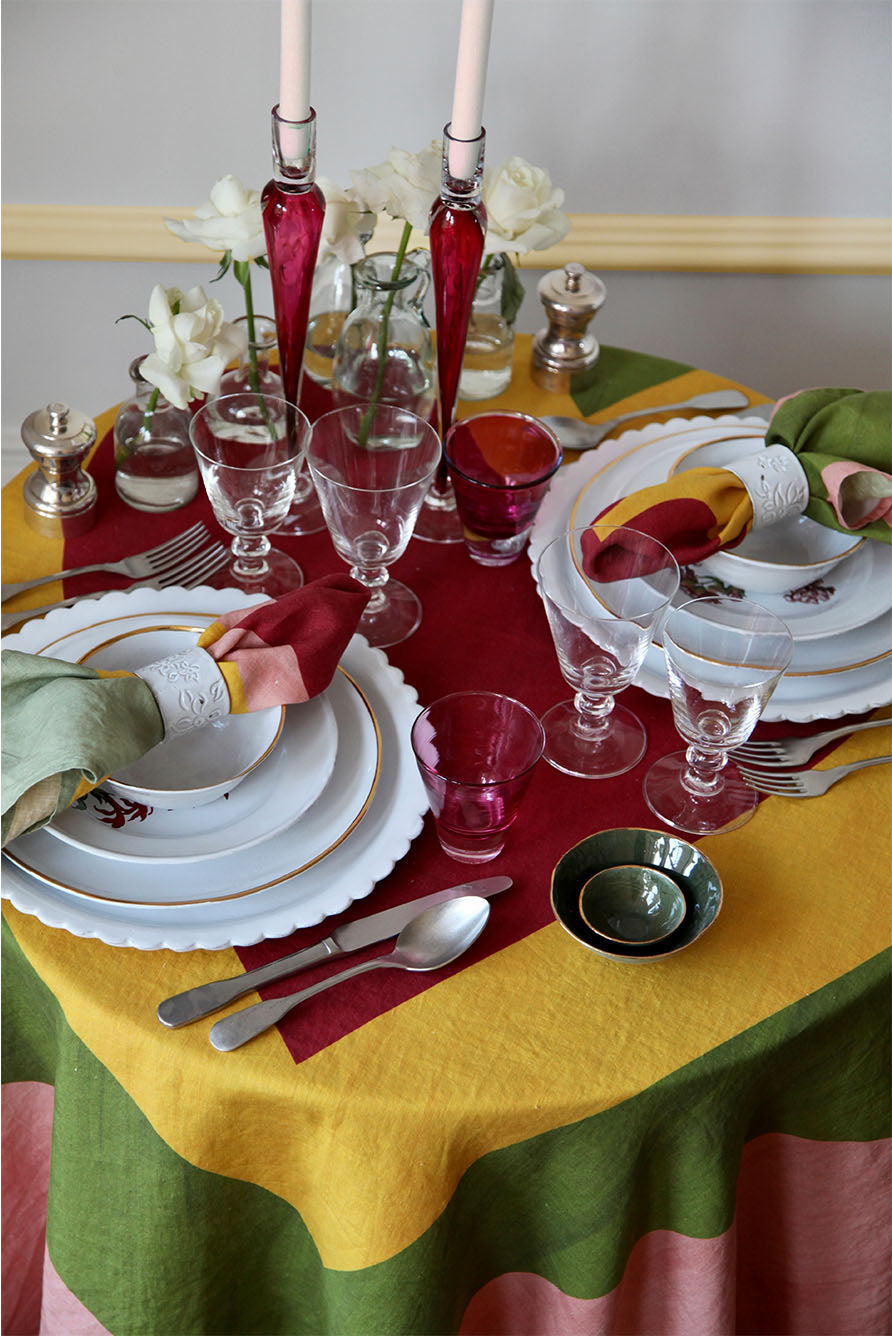 'Table for Two' Square Linen Heart Tablecloth in Pink, Green, Yellow & Red, 165cm x 165cm