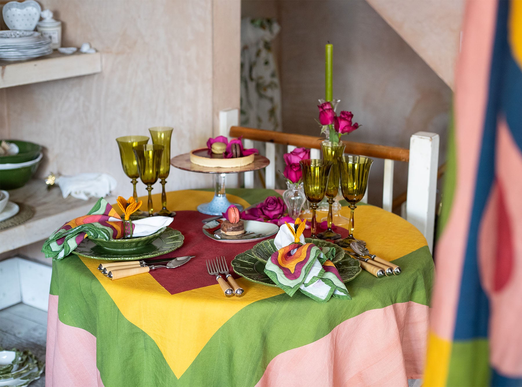'Table for Two' Square Linen Heart Tablecloth in Pink, Green, Yellow & Red, 165cm x 165cm