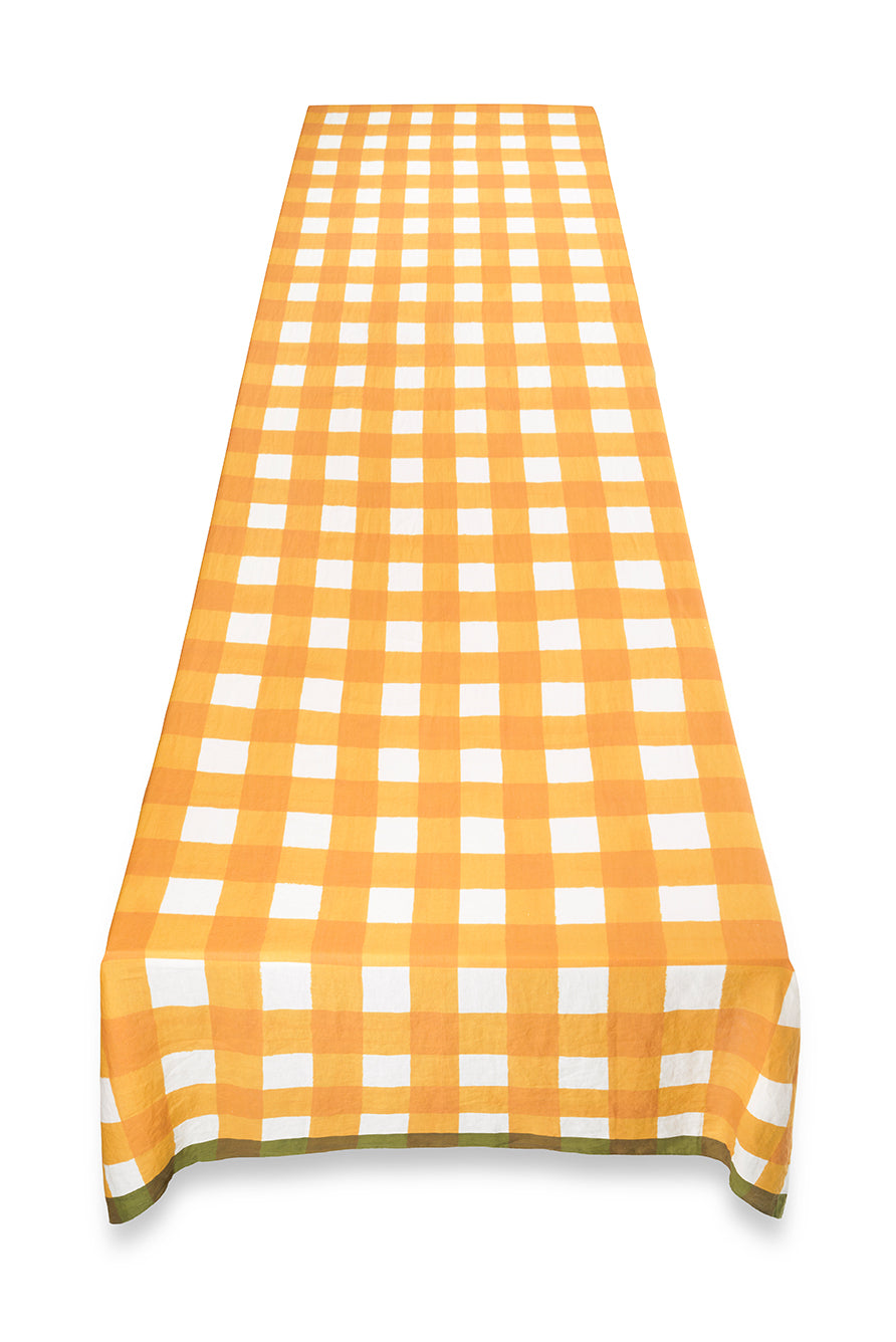 'Gingham' Linen Tablecloth in Mustard Yellow with Avocado Green Trim