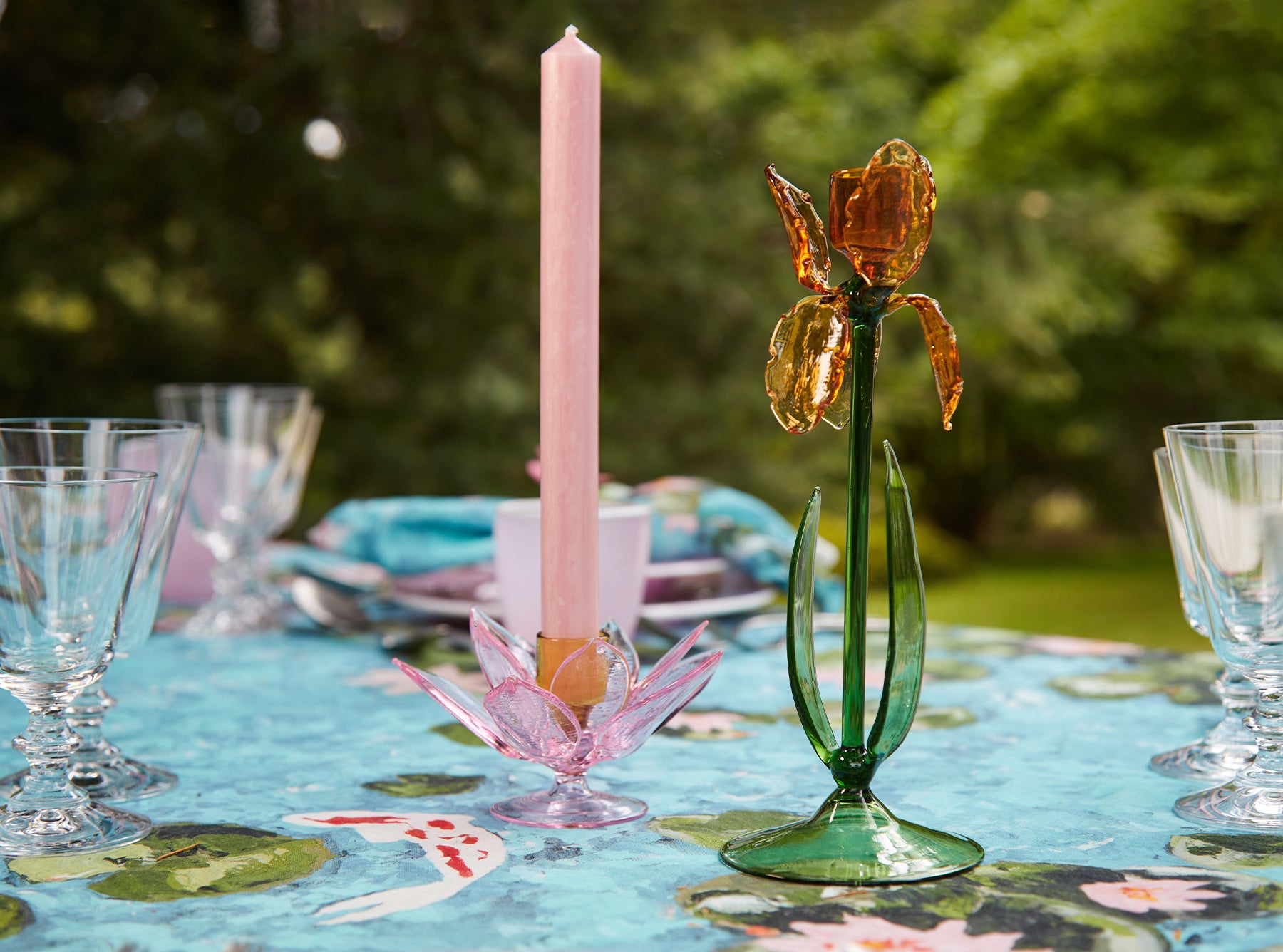S&B Exclusive Handblown Murano Iris Candlestick in Amber, 27cm
