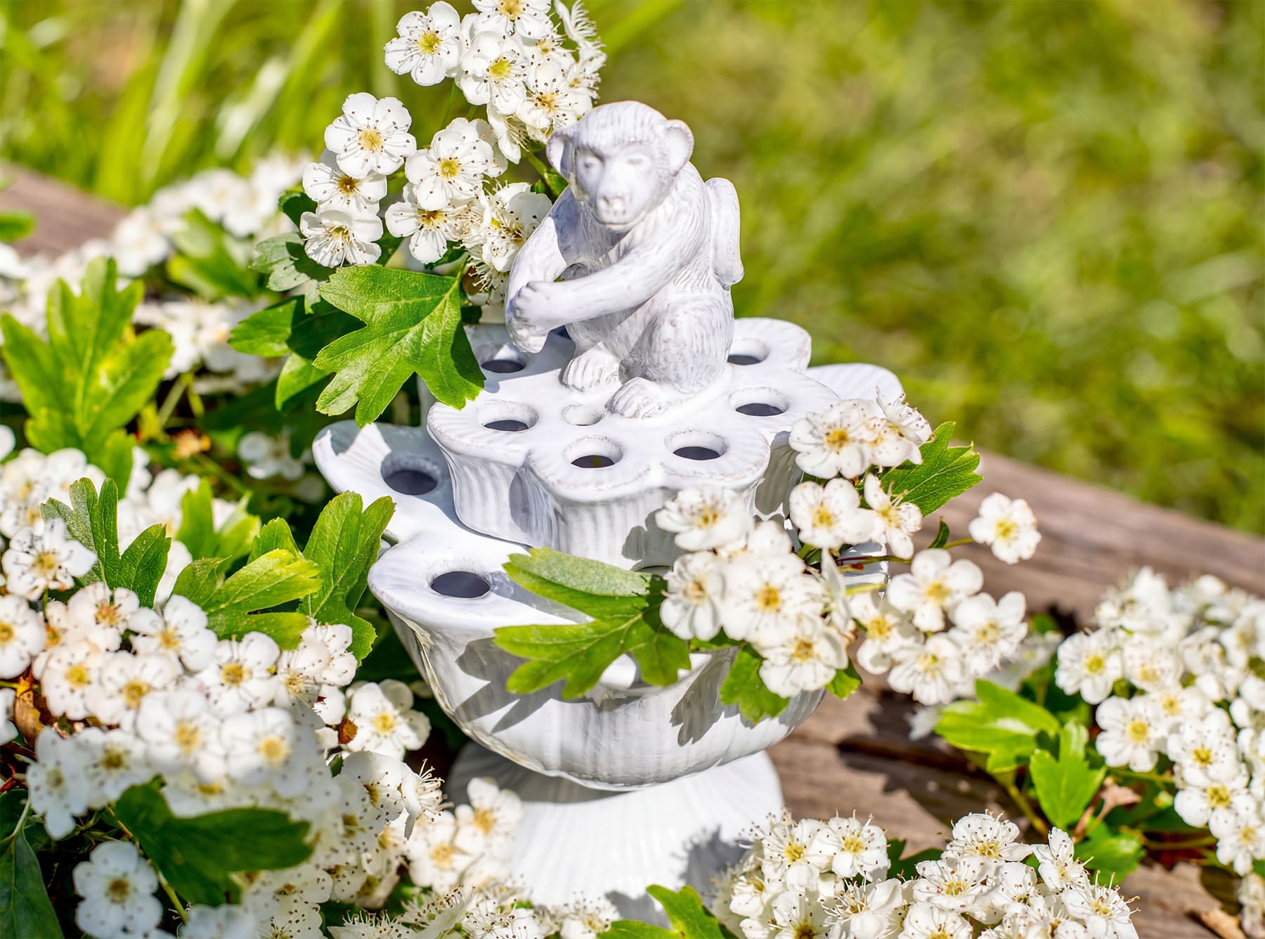White Ceramic Pique Flower Holder With A Monkey by Astier de Villatte, 17cm