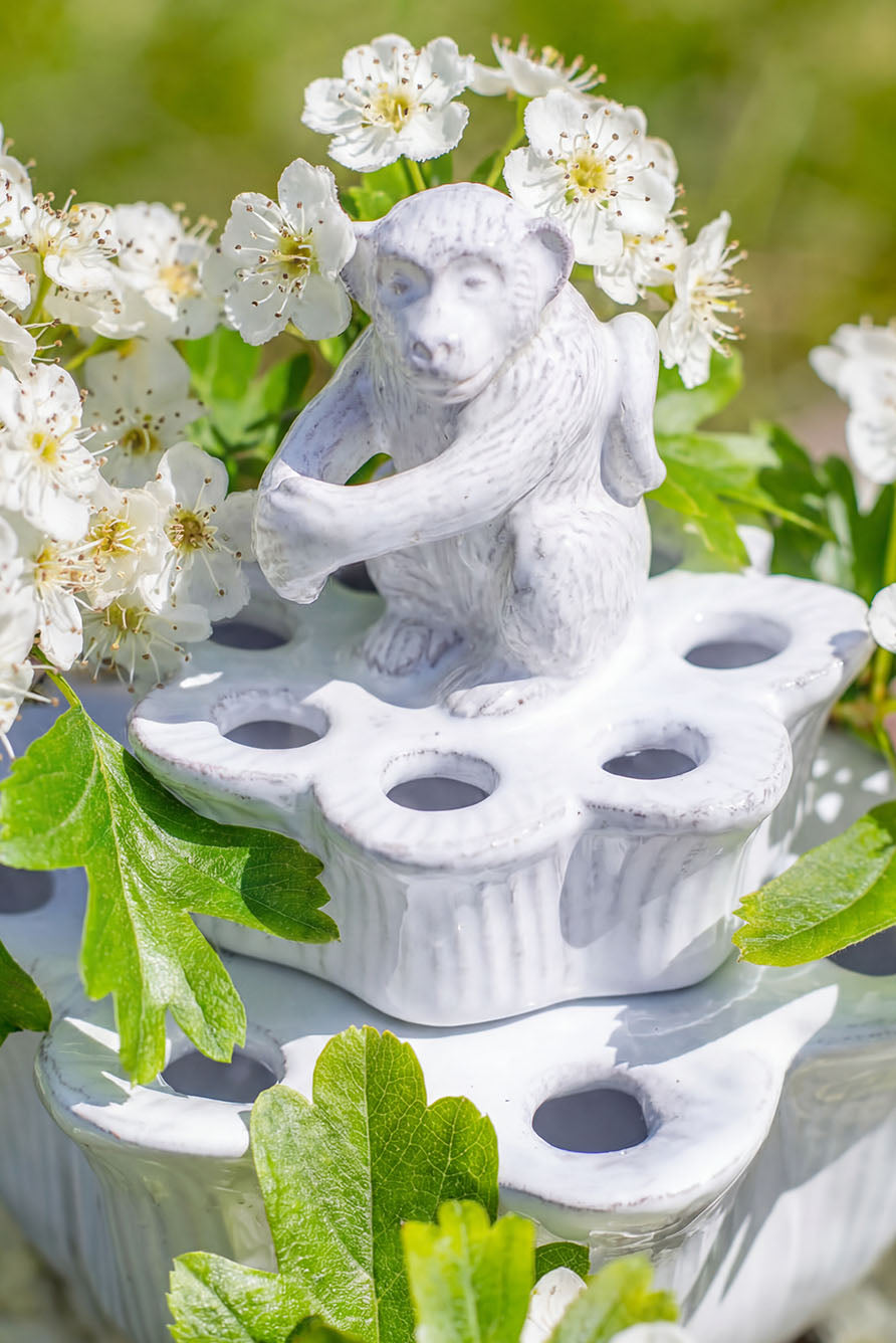 White Ceramic Pique Flower Holder With A Monkey by Astier de Villatte, 17cm