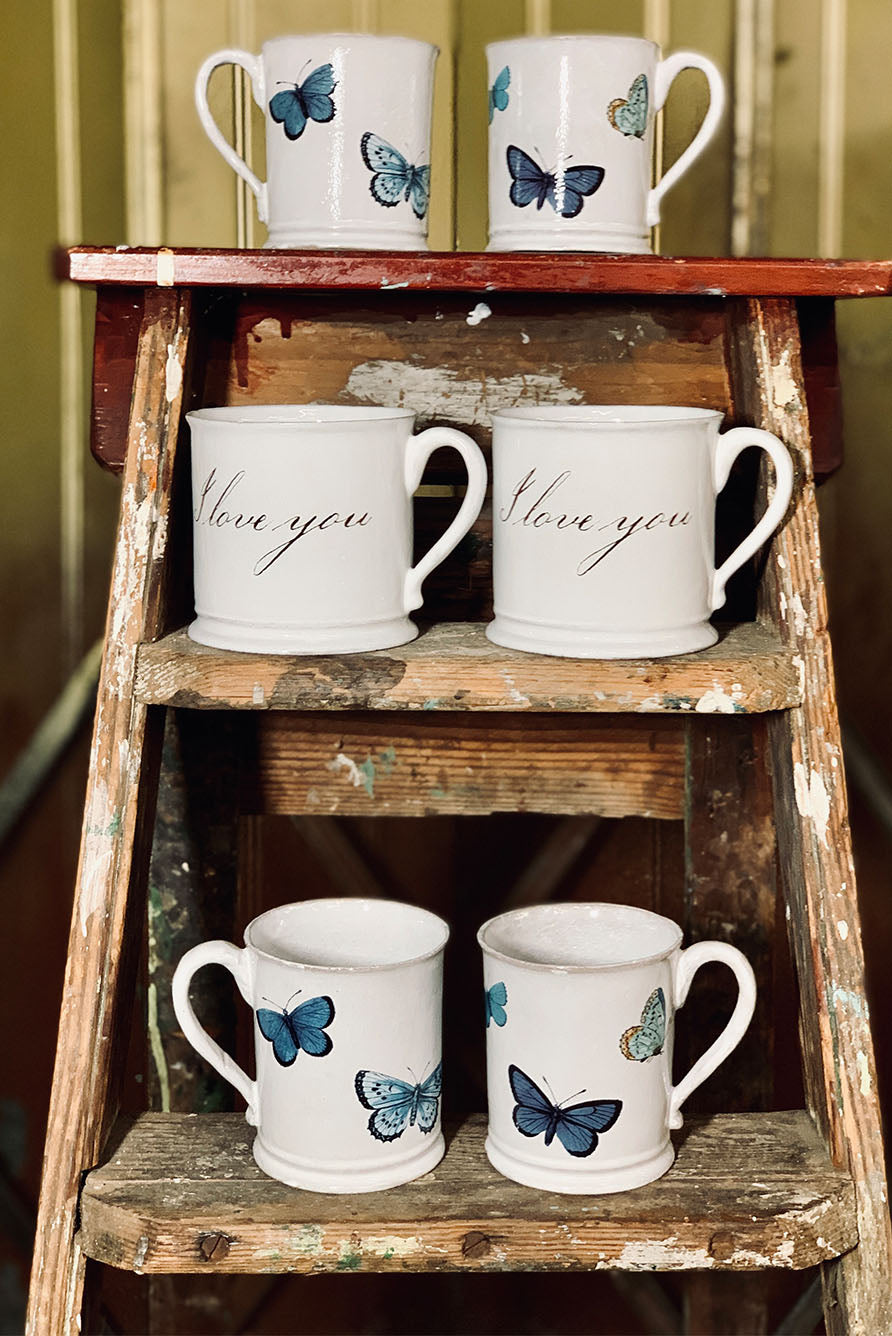 Small Adonis Blue Butterfly Mug by Astier de Villatte, 11 cm