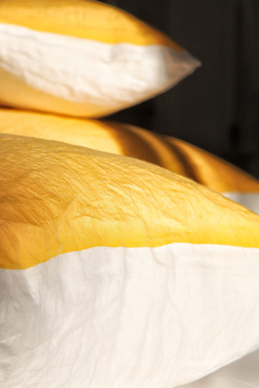 Hand Painted Linen Cushion in Mustard Yellow, 50cm x 50cm