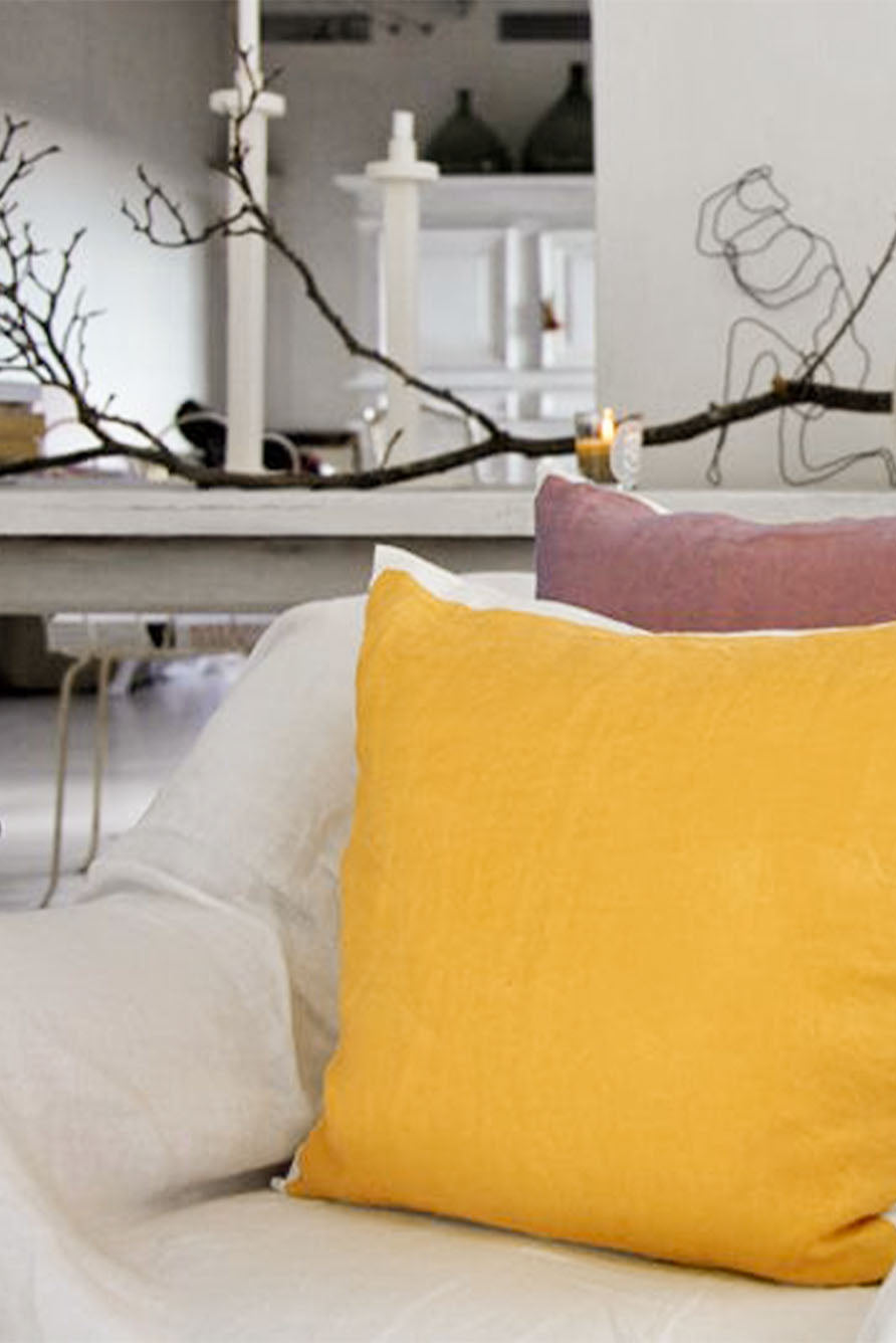 Hand Painted Linen Cushion in Mustard Yellow, 50cm x 50cm