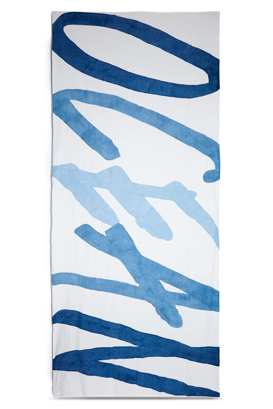 'Ocean' Word Linen Tablecloth in Waves of Blue