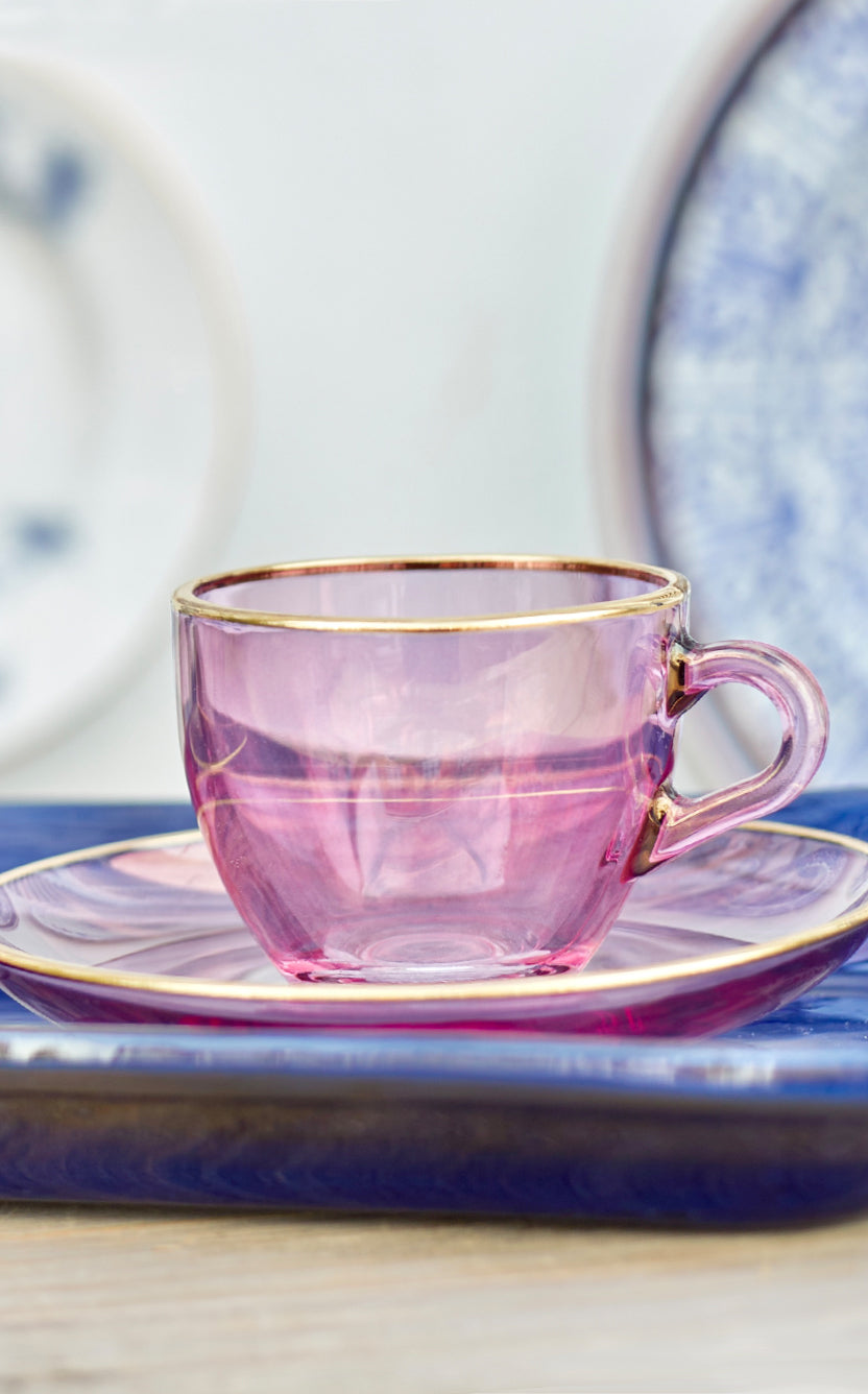 Handblown Italian Glass Espresso Cup and Saucer in Pink with Gold Rim
