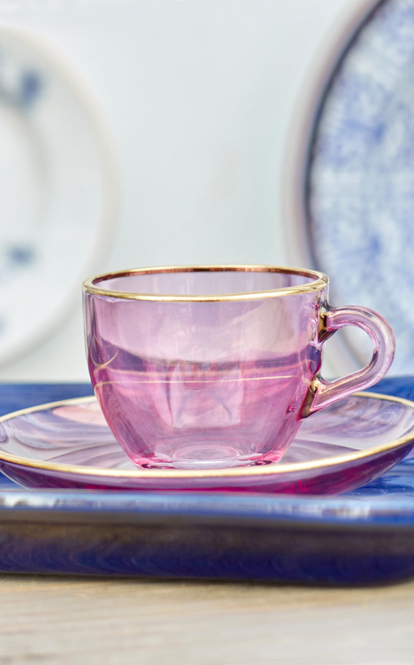 Handblown Glass Espresso Cup and Saucer in Pink with Gold Rim