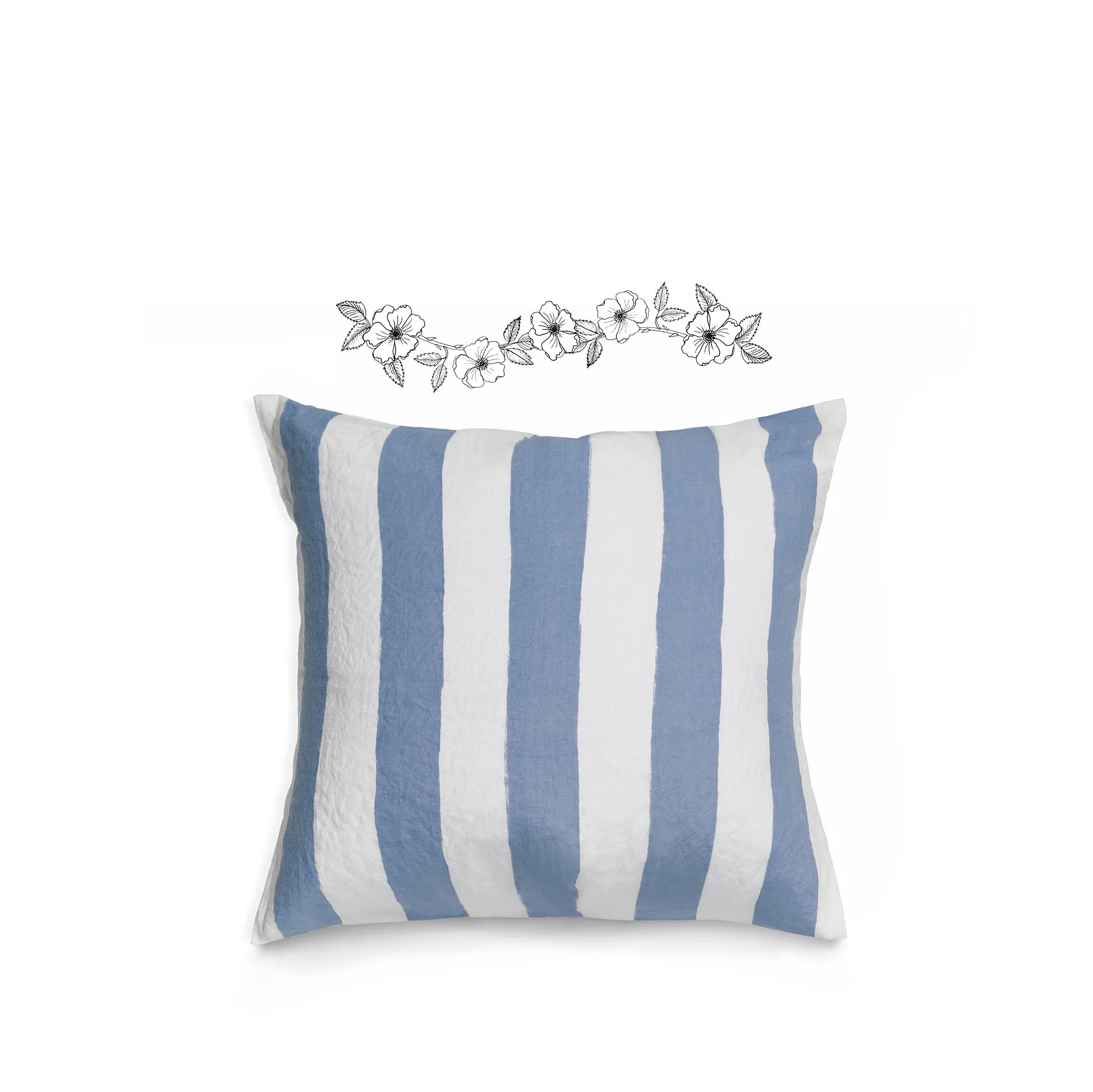 Hand Painted Stripe Linen Cushion in Pale Blue + White, 50cm x 50cm