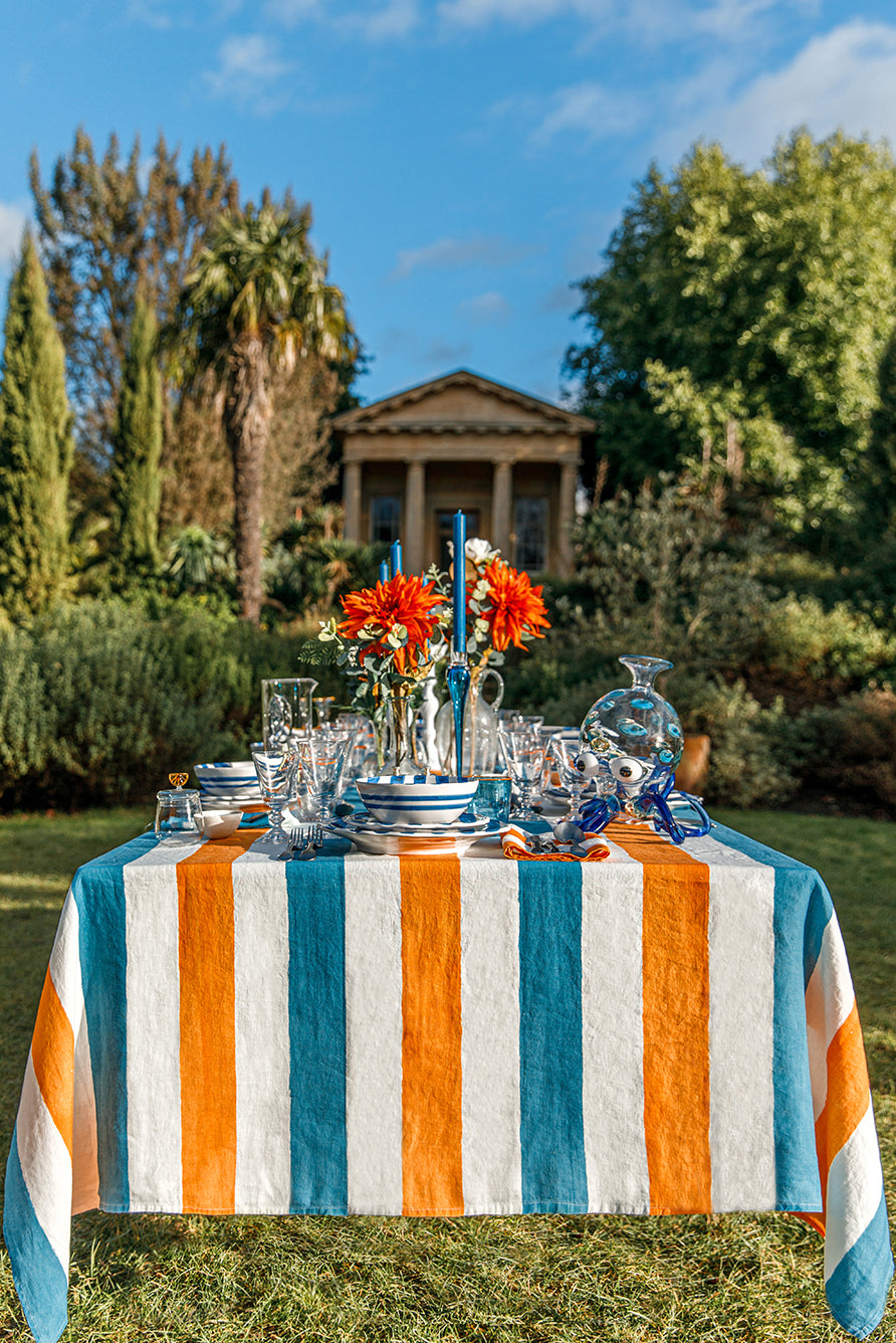 'Stripe' Linen Tablecloth in Sky Blue & Orange