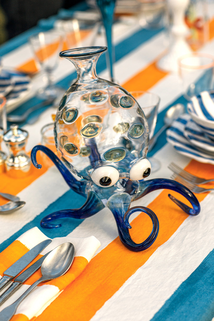 'Stripe' Linen Tablecloth in Sky Blue & Orange