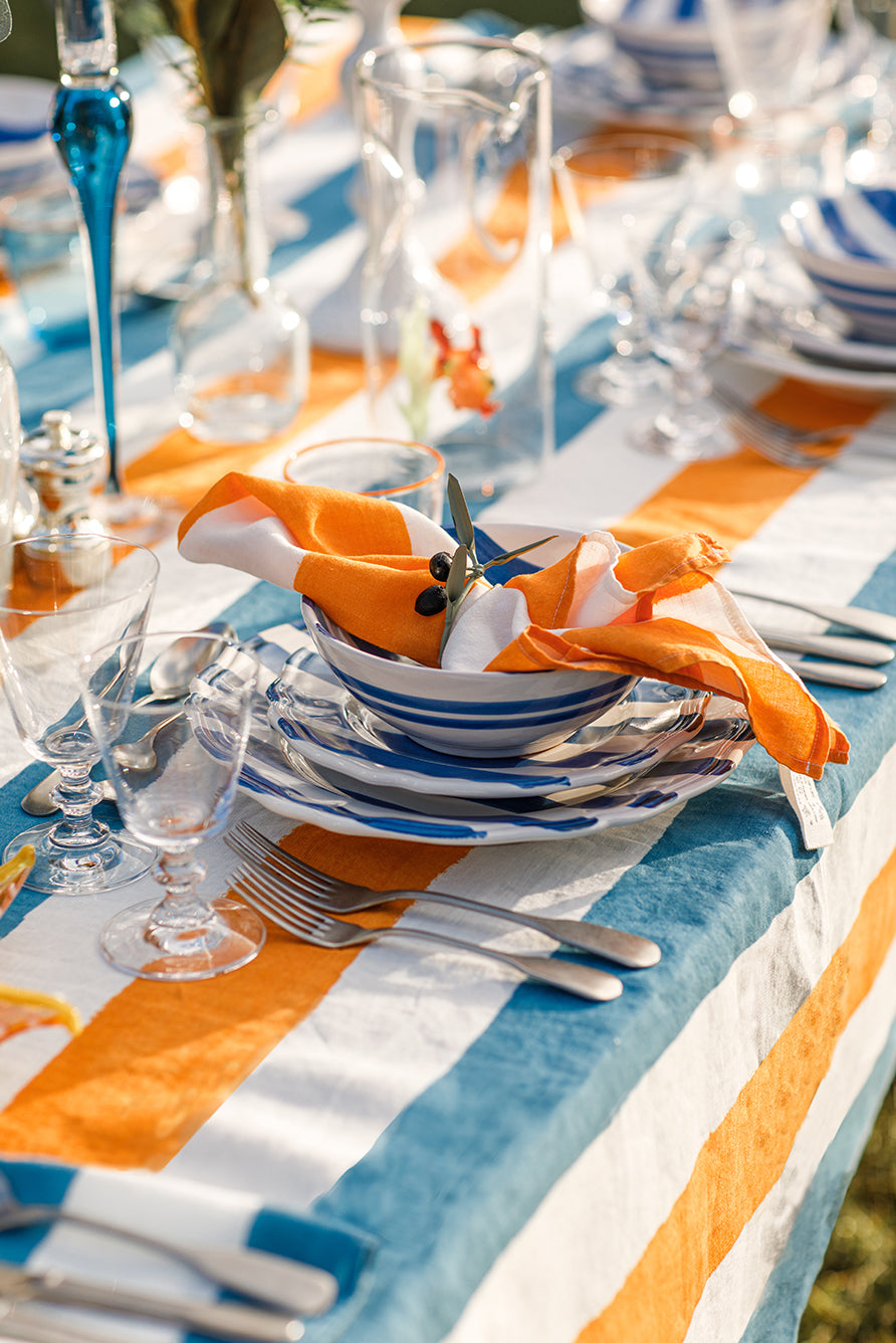 'Stripe' Linen Tablecloth in Sky Blue & Orange
