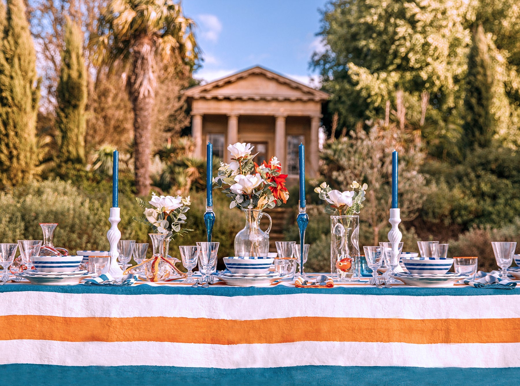 Stripe Linen Tablecloth in Sky Blue & Orange