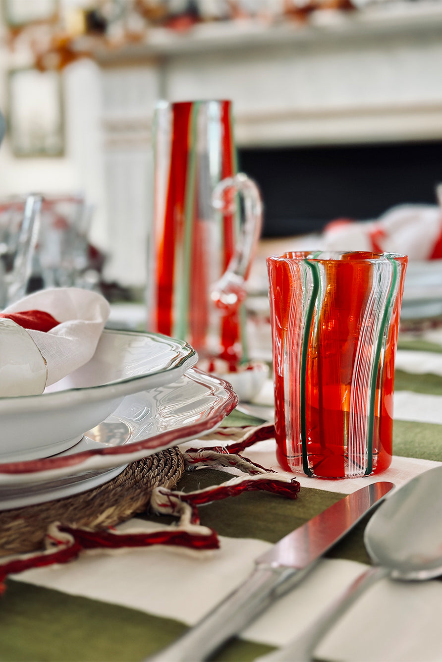 Handblown Christmas Red & Green Stripes Tall Water Tumbler 12cm