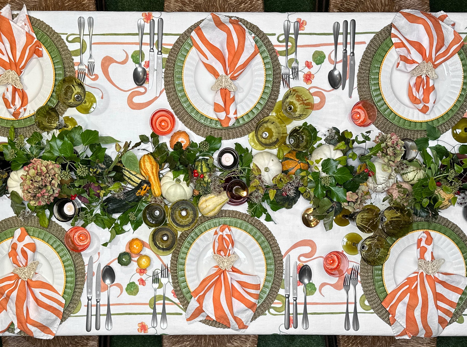 'Capucines' Linen Tablecloth in Peach Pink & Avocado Green