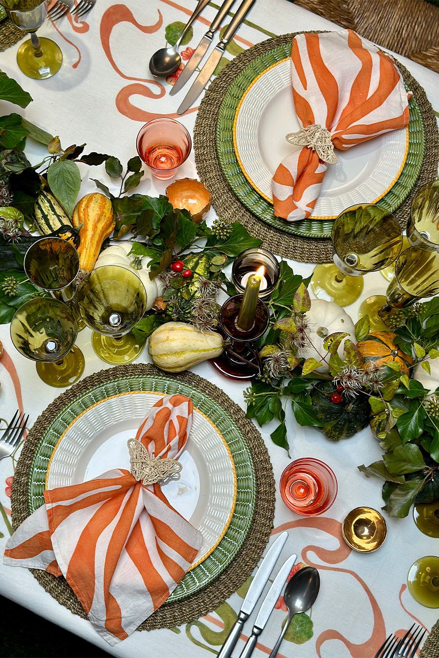 'Capucines' Linen Tablecloth in Peach Pink & Avocado Green