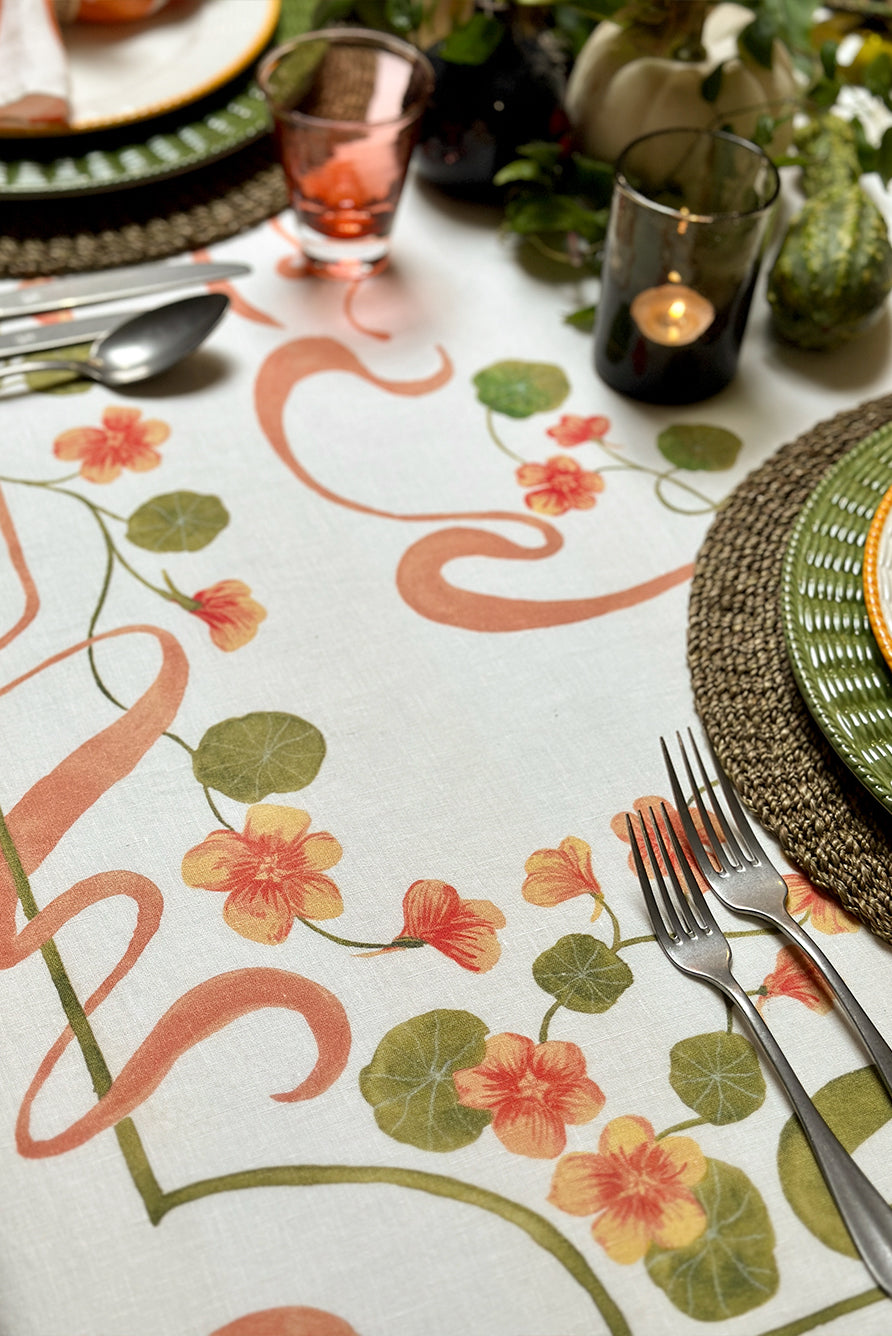 'Capucines' Linen Tablecloth in Peach Pink & Avocado Green