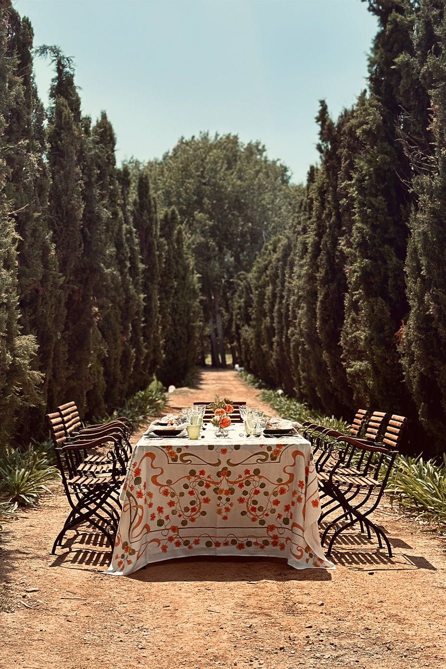 'Capucines' Linen Tablecloth in Peach Pink & Avocado Green