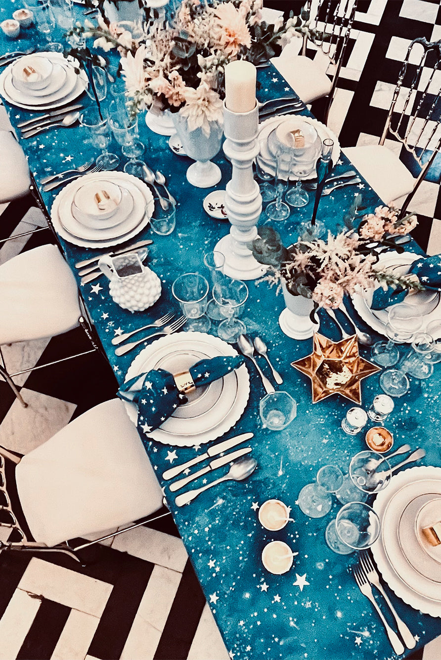 'Celestial Stars' Linen Tablecloth in Blue