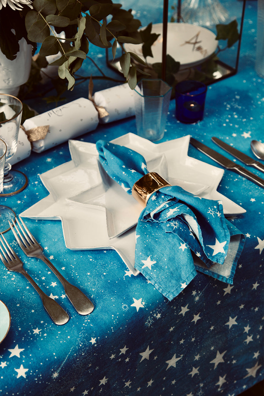 'Celestial Stars' Linen Tablecloth in Blue