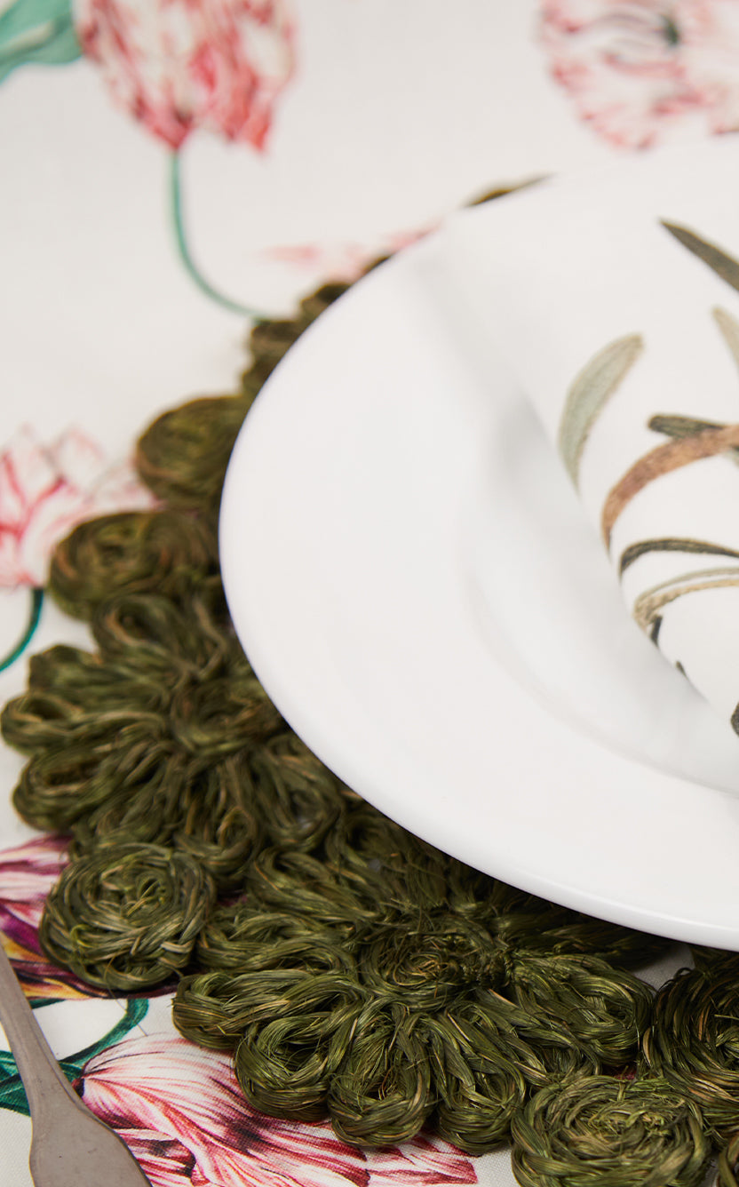 Floral Woven Abaca Placemat in Grass Green, 40cm