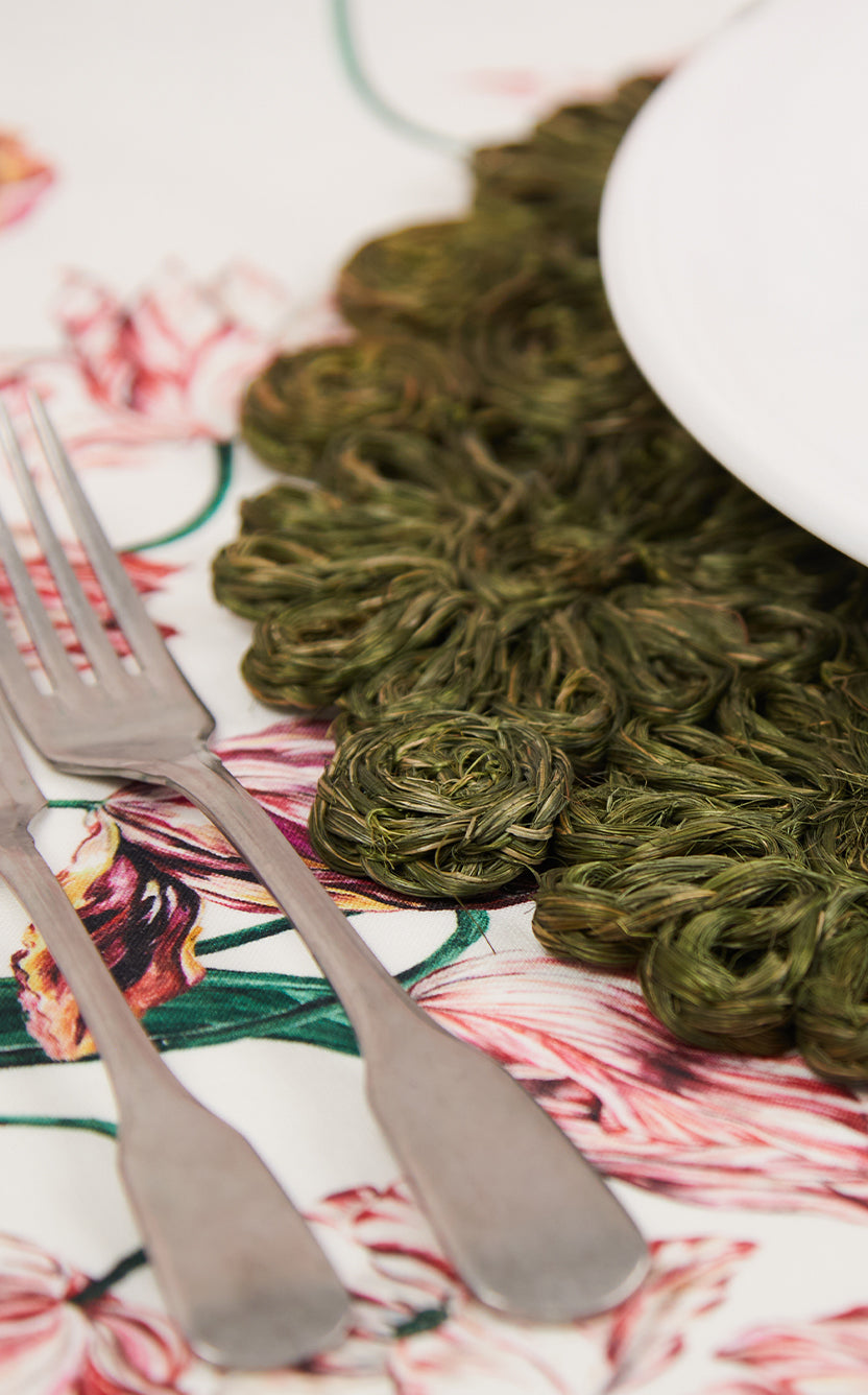 Floral Woven Abaca Placemat in Grass Green, 40cm