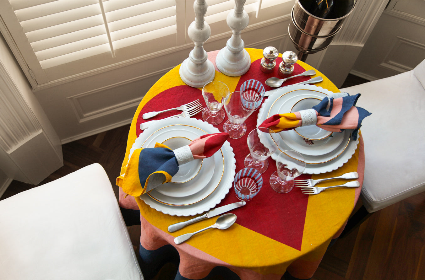 'Table for Two' Square Linen Heart Tablecloth in Pink, Green, Yellow & Red, 165cm x 165cm