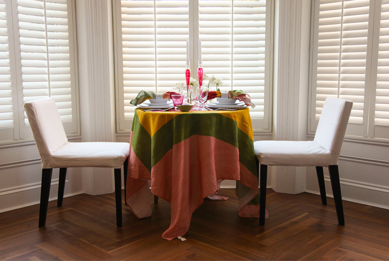 'Table for Two' Square Linen Heart Tablecloth in Pink, Green, Yellow & Red, 165cm x 165cm