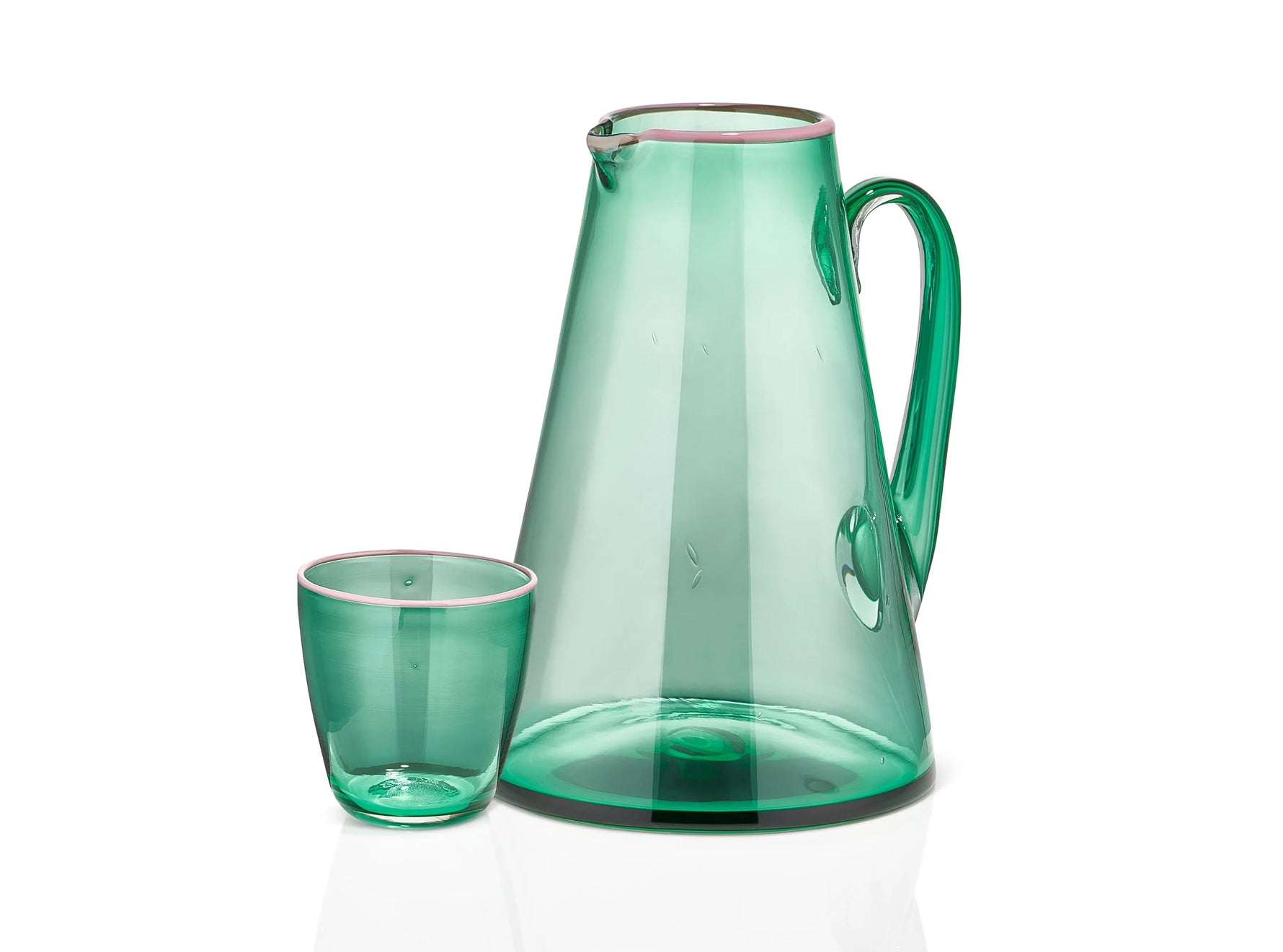 Handblown Bumba Glass Tumbler in Emerald Green with Pink Rim, 30cl