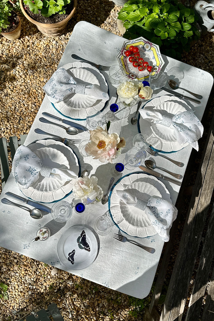 Bernadette's Falling Flower Square Linen Tablecloth in Light Blue, 200cm x 200cm