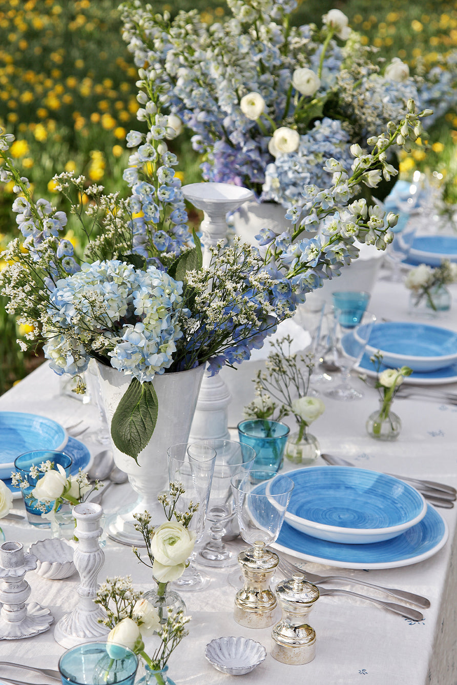 Bernadette's Falling Flower Linen Tablecloth in Light Blue