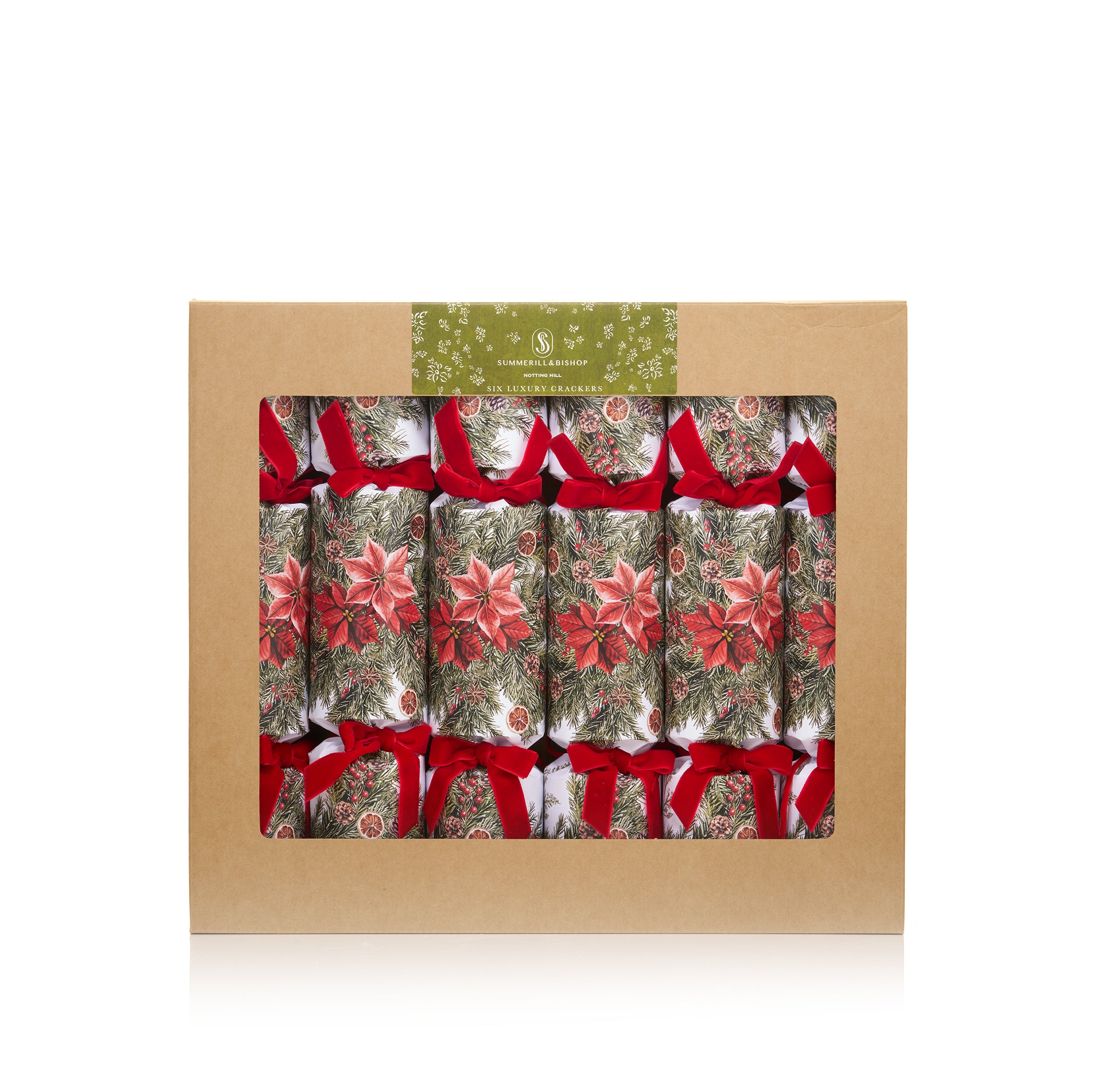 Christmas Crackers with 'Garland' Print and Red Velvet Bows (UK ONLY)