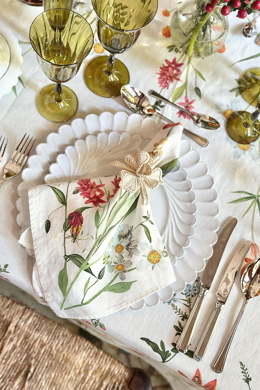 African Flower Linen Napkin in White, 50x50cm