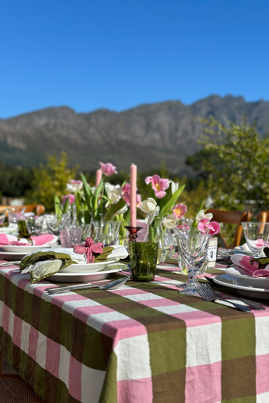 'Gingham' Linen Tablecloth in Rose Pink & Avocado Green