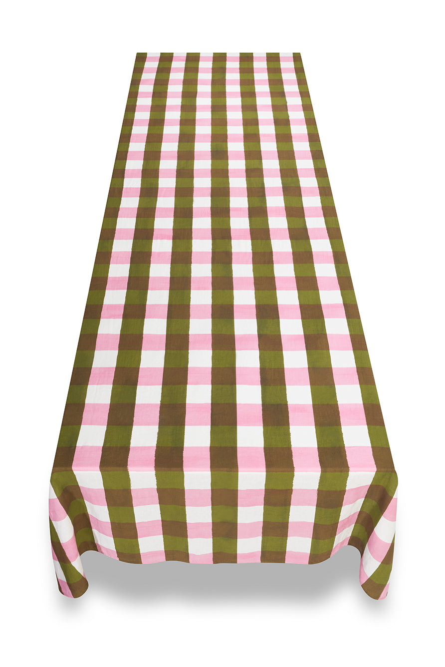 'Gingham' Linen Tablecloth in Rose Pink & Avocado Green