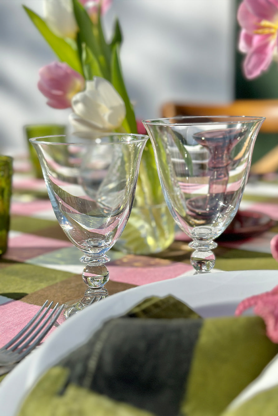 'Gingham' Linen Tablecloth in Rose Pink & Avocado Green