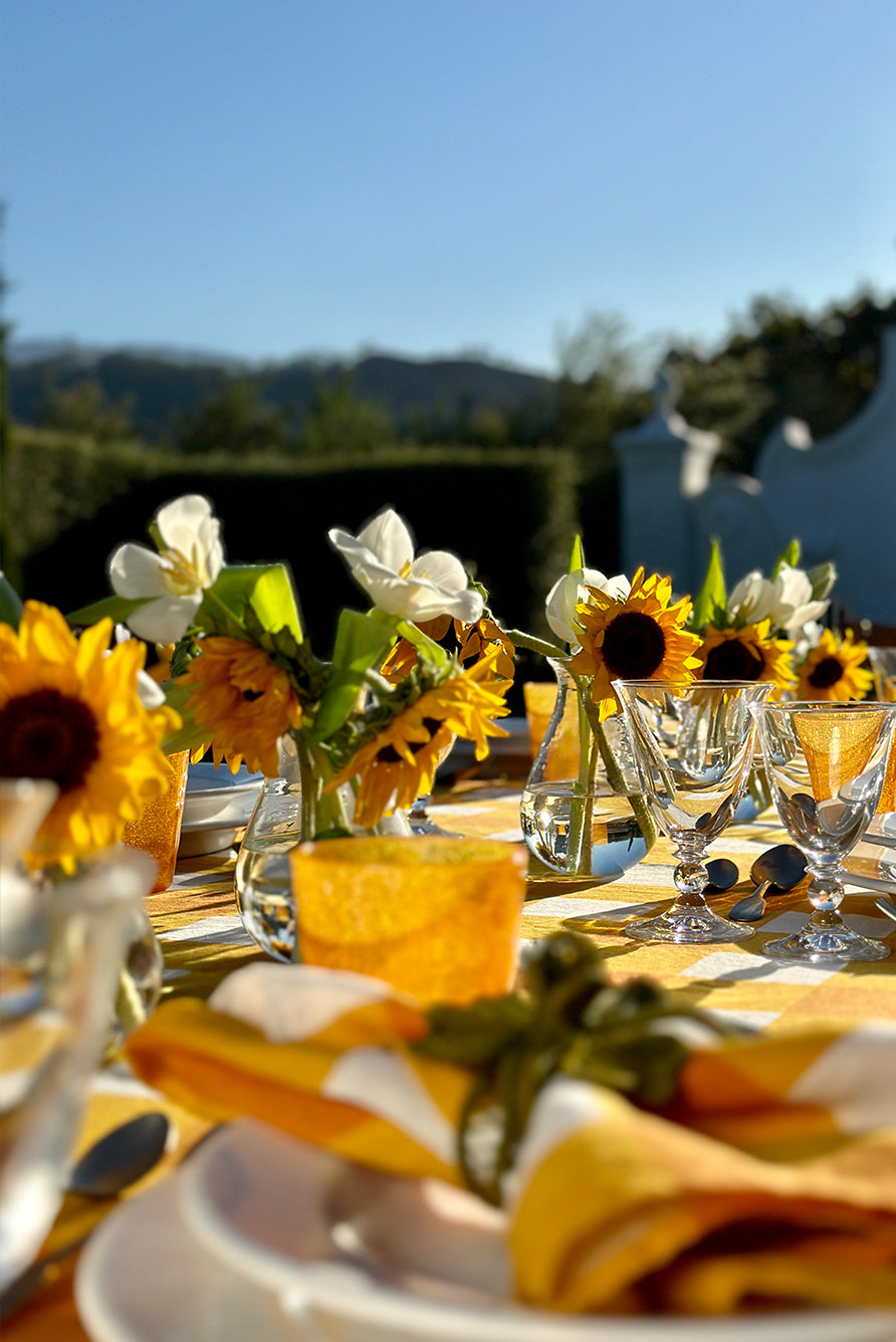 'Gingham' Linen Tablecloth in Mustard Yellow with Avocado Green Trim