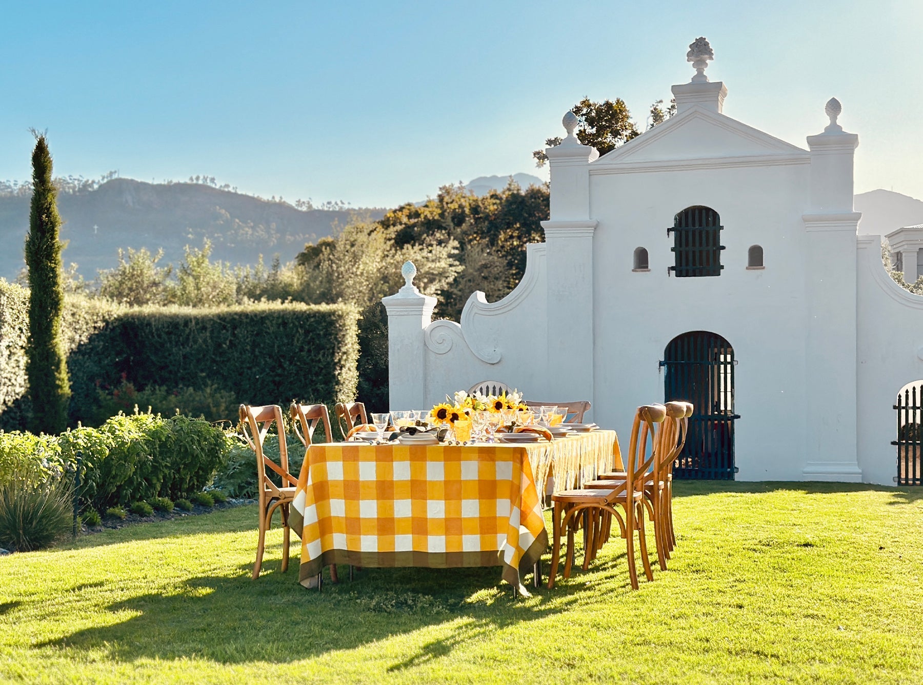'Gingham' Linen Tablecloth in Mustard Yellow with Avocado Green Trim