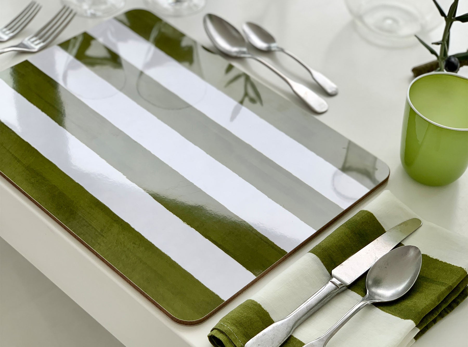 'Stripe' Cork-Backed Placemat in Avocado Green, 29 x 38cm