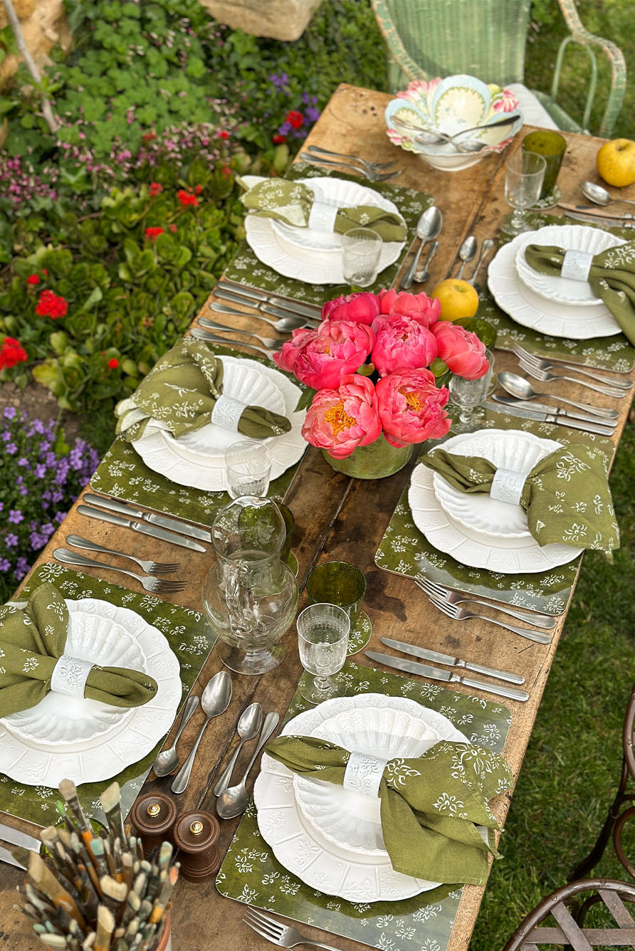 Falling Flower Cork-Backed Placemat in Avocado Green, 29 x 38cm