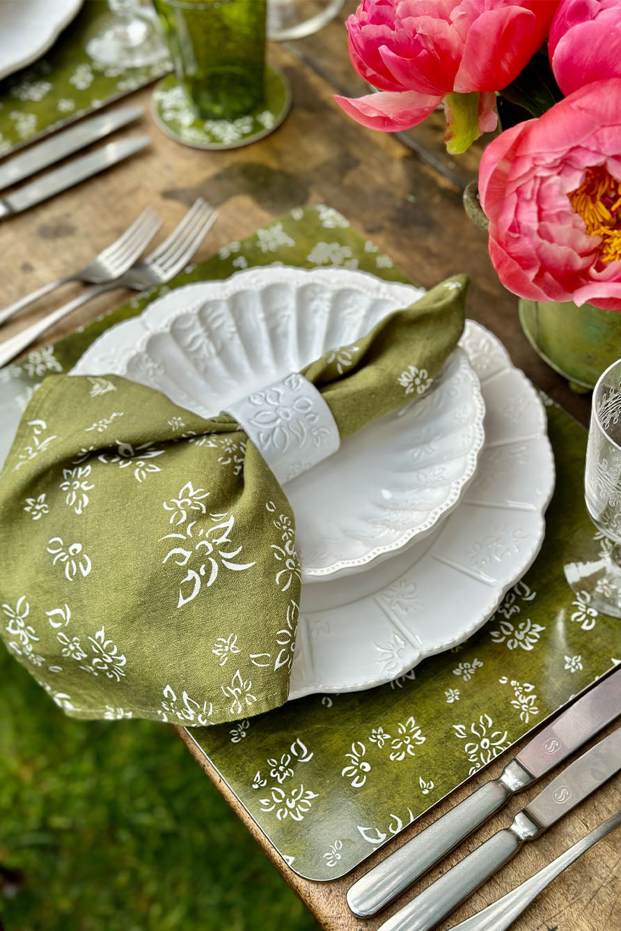 Falling Flower Cork-Backed Placemat in Avocado Green, 29 x 38cm