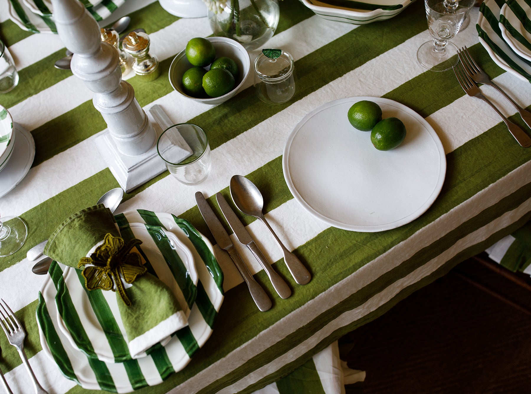 'Stripe' Linen Tablecloth in White & Green