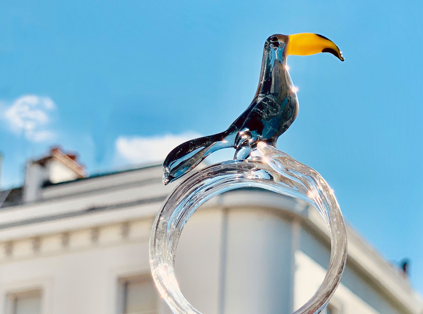 Handblown Glass Tropical Bird Napkin Ring in Grey