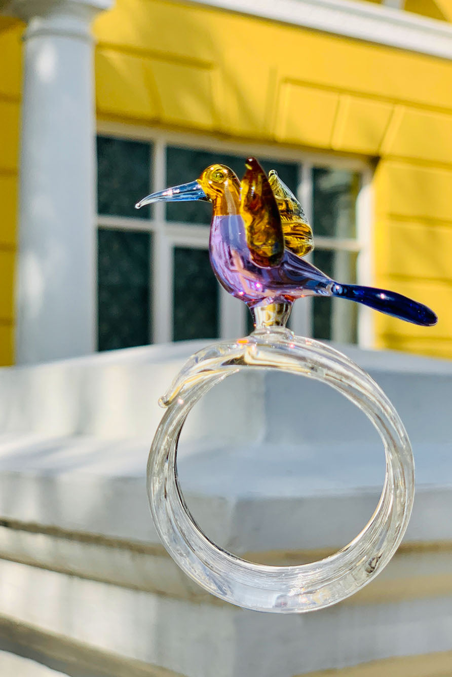 Handblown Glass Tropical Bird Napkin Ring in Grey