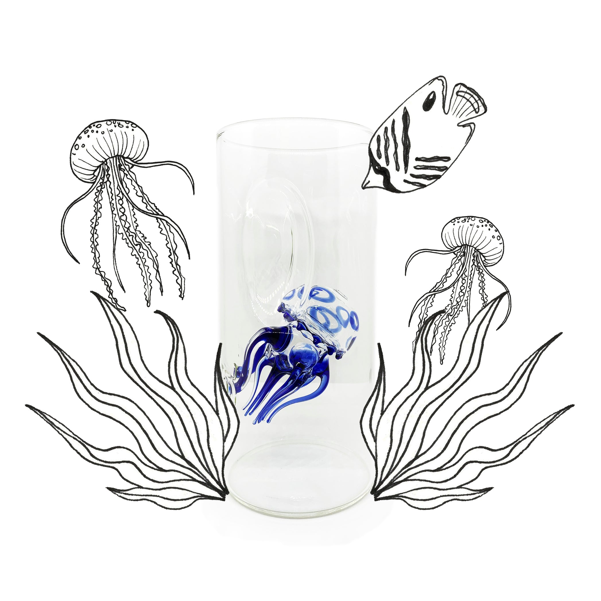 Handblown Glass Blue Jellyfish Carafe, 24.5cm